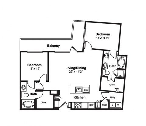 Floor plan for 2 beds, 2 baths, 1235 sqft